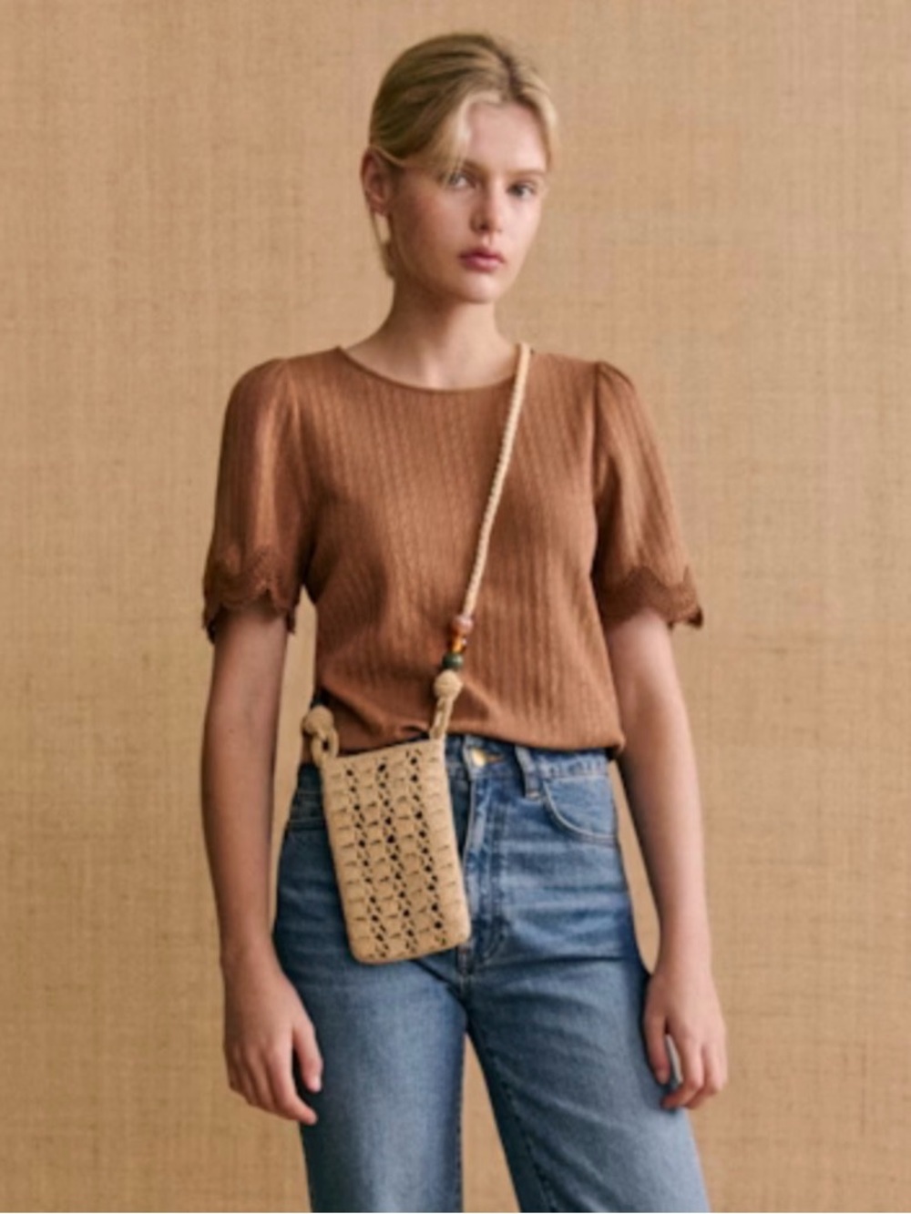 Sezane CLÉA T-SHIRT pointelle lace trim shortsleeve coquette Sz S coffee brown - Picture 5 of 6